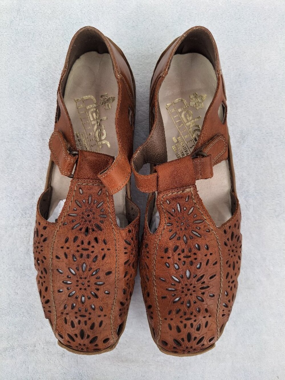 Rieker Shoes Womens 41 Anti-Stress Floral Cut Mary Jane T-Strap Brown Leather - Picture 16 of 16